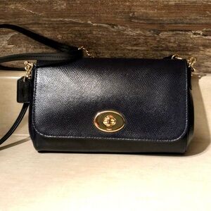 Coach Leather Flap Turn-lock Chain Crossbody Bag with Gold Accents